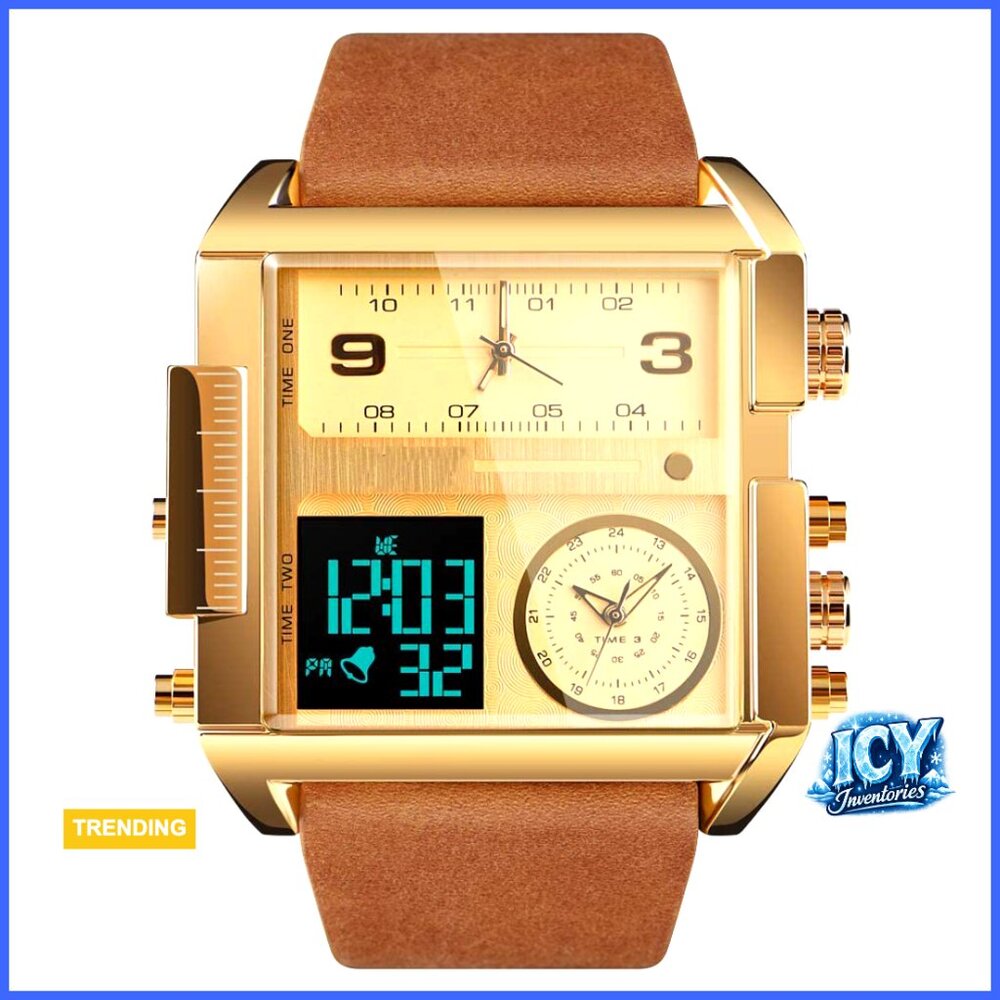 Large Face Digital Sports Watch with Leather Band, 50M Waterproof